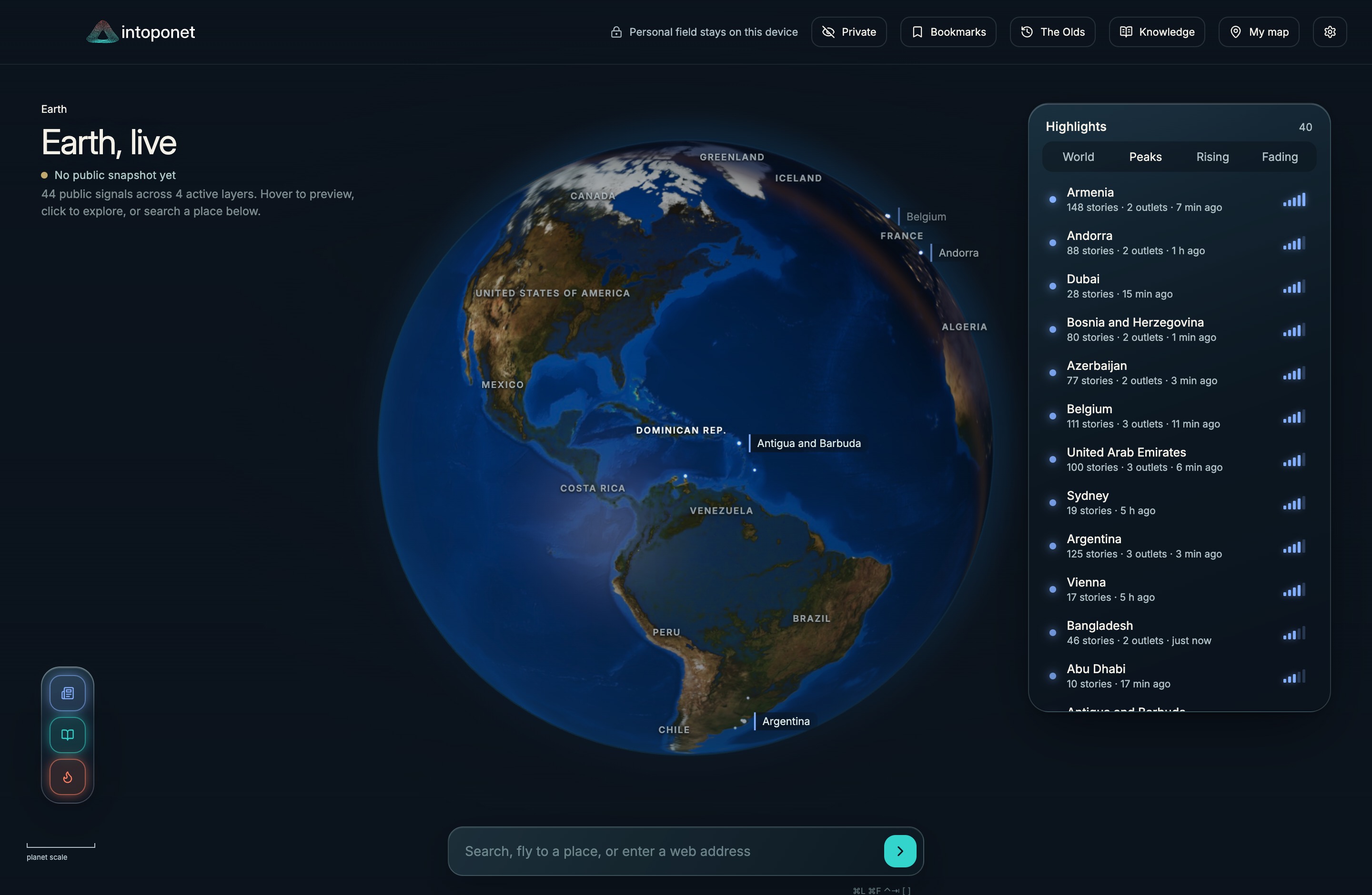 The intoponet browser showing Earth, geographic highlights and public source layers.